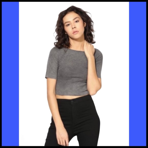TOPSHOP NWT SLASH RIBBED CROP TEE GREY SZ 6 - Picture 4 of 14